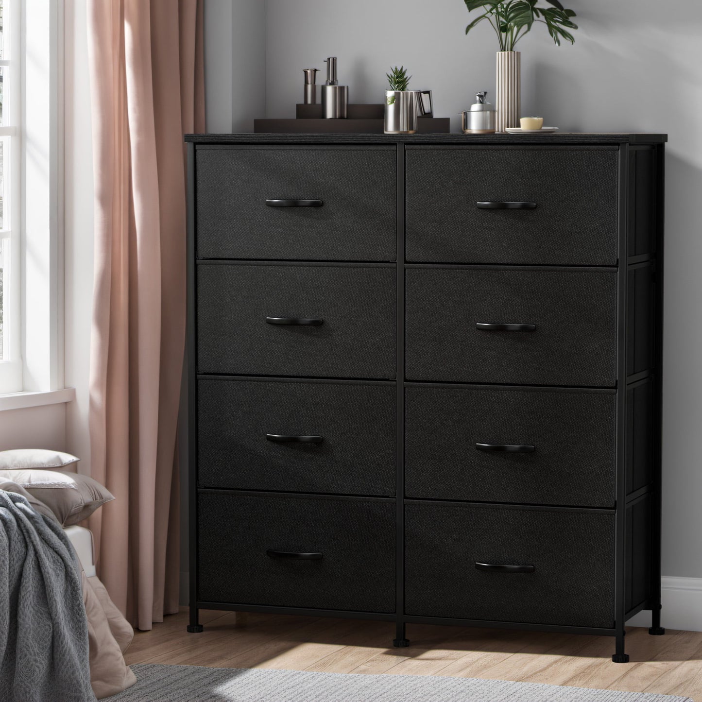 Furmax Fabric Dresser with 8 Drawers Bedroom Furniture Large Dresser Tall Chest of Drawers with Wood Top and Metal Frame for Living Room Closet