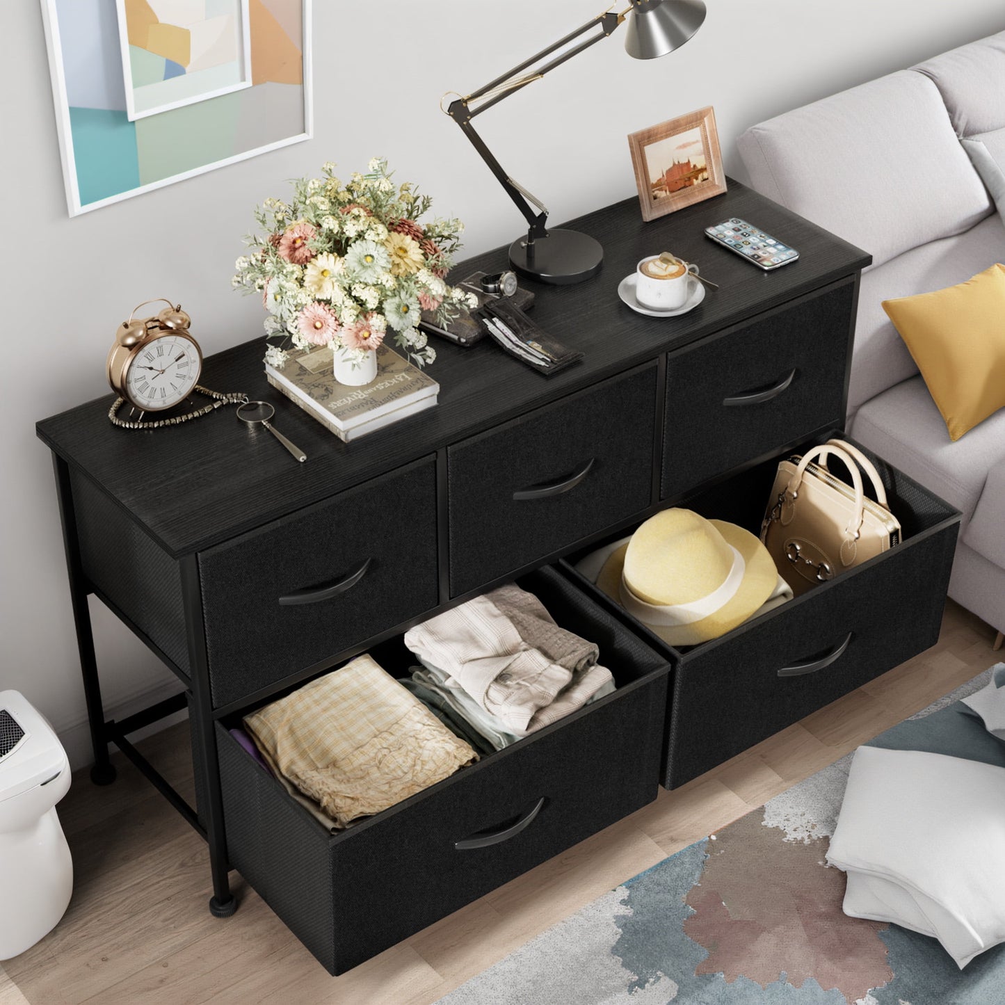 Furmax Fabric Dresser with 5 Drawers Bedroom Furniture Large Dresser Tall Chest of Drawers with Wood Top and Metal Frame for Living Room Closet