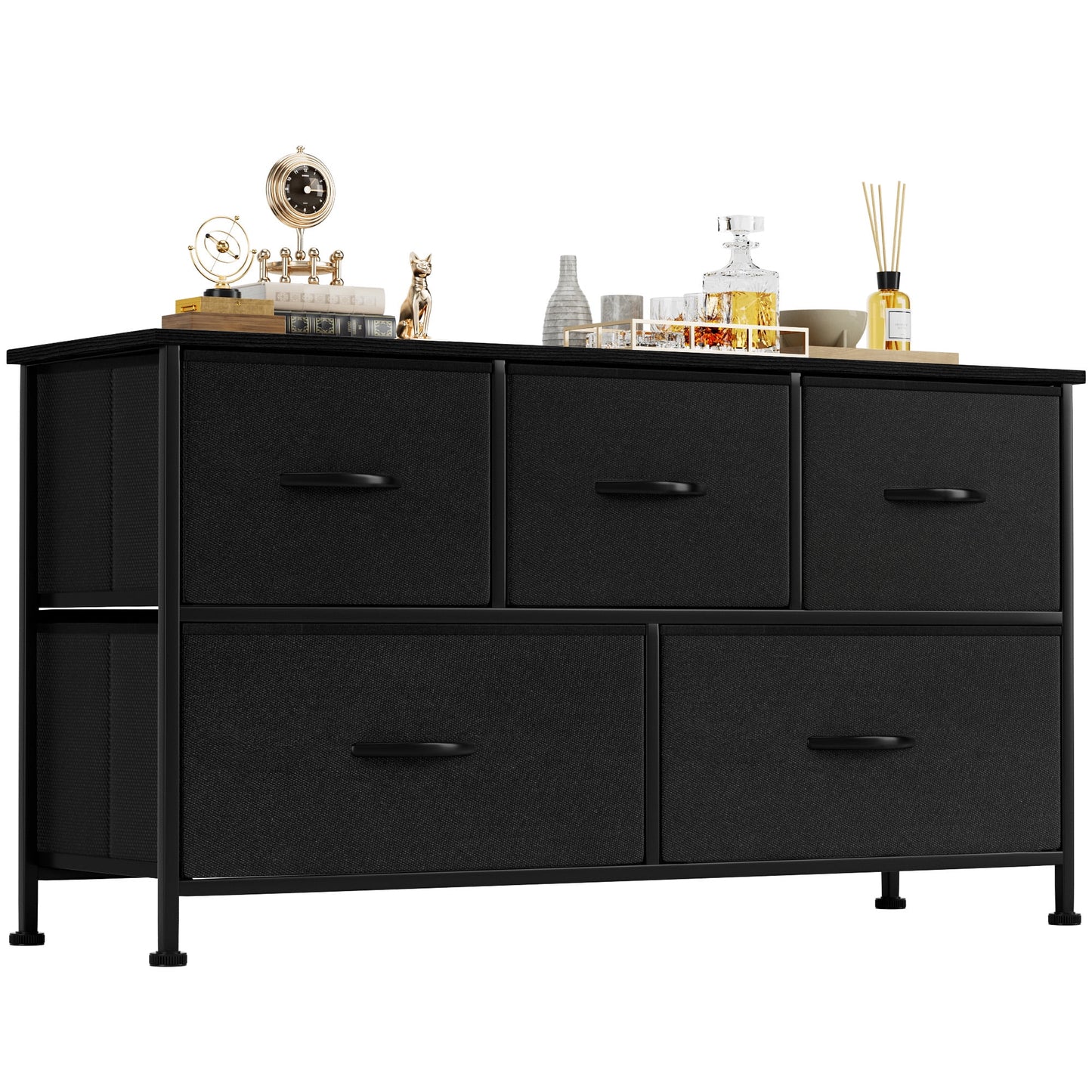 Furmax Fabric Dresser with 5 Drawers Bedroom Furniture Large Dresser Tall Chest of Drawers with Wood Top and Metal Frame for Living Room Closet