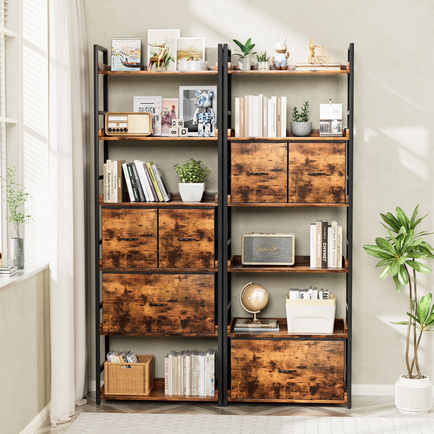 Furmax 6 Tier Ladder Bookshelf with Adjustable Drawers, Open Bookcase Storage Organizer