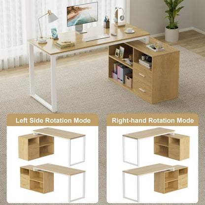Furmax 55 Inch L-Shaped Corner Computer Desk with File Cabinet, Power Outlet, Home Office Desk with 2 Drawers and 3 Storage Shelve, Workstation Executive Desk with Storage Shelf for Home Office