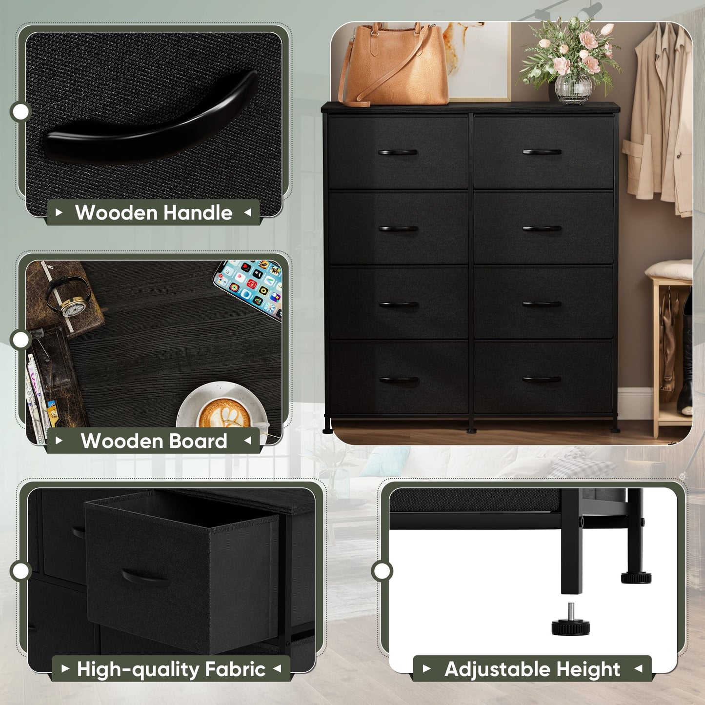 Furmax Fabric Dresser with 8 Drawers Bedroom Furniture Large Dresser Tall Chest of Drawers with Wood Top and Metal Frame for Living Room Closet