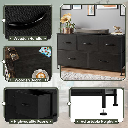 Furmax Fabric Dresser with 5 Drawers Bedroom Furniture Large Dresser Tall Chest of Drawers with Wood Top and Metal Frame for Living Room Closet