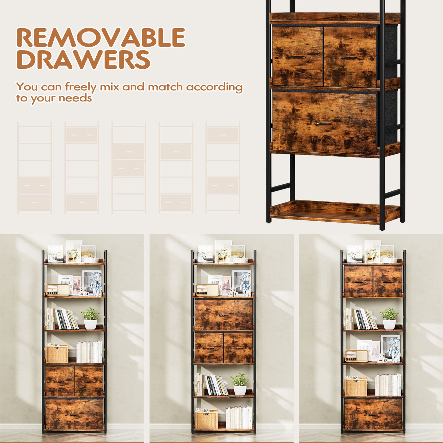 Furmax 6 Tier Ladder Bookshelf with Adjustable Drawers, Open Bookcase Storage Organizer