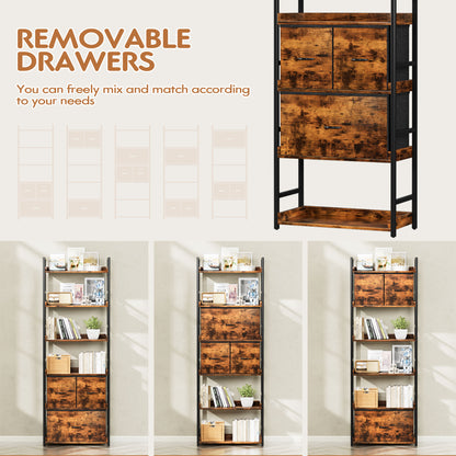 Furmax 6 Tier Ladder Bookshelf with Adjustable Drawers, Open Bookcase Storage Organizer