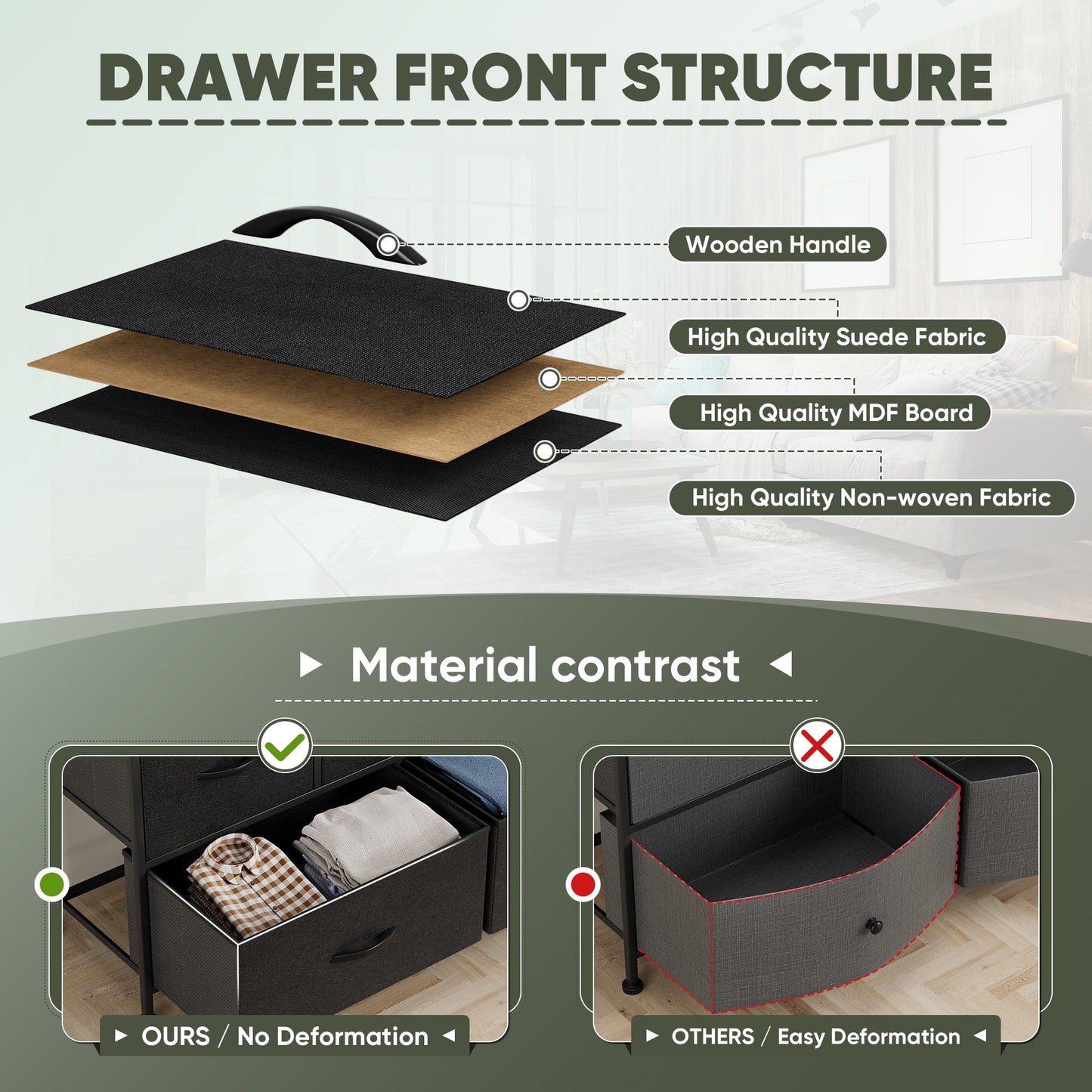 Furmax Fabric Dresser with 8 Drawers Bedroom Furniture Large Dresser Tall Chest of Drawers with Wood Top and Metal Frame for Living Room Closet