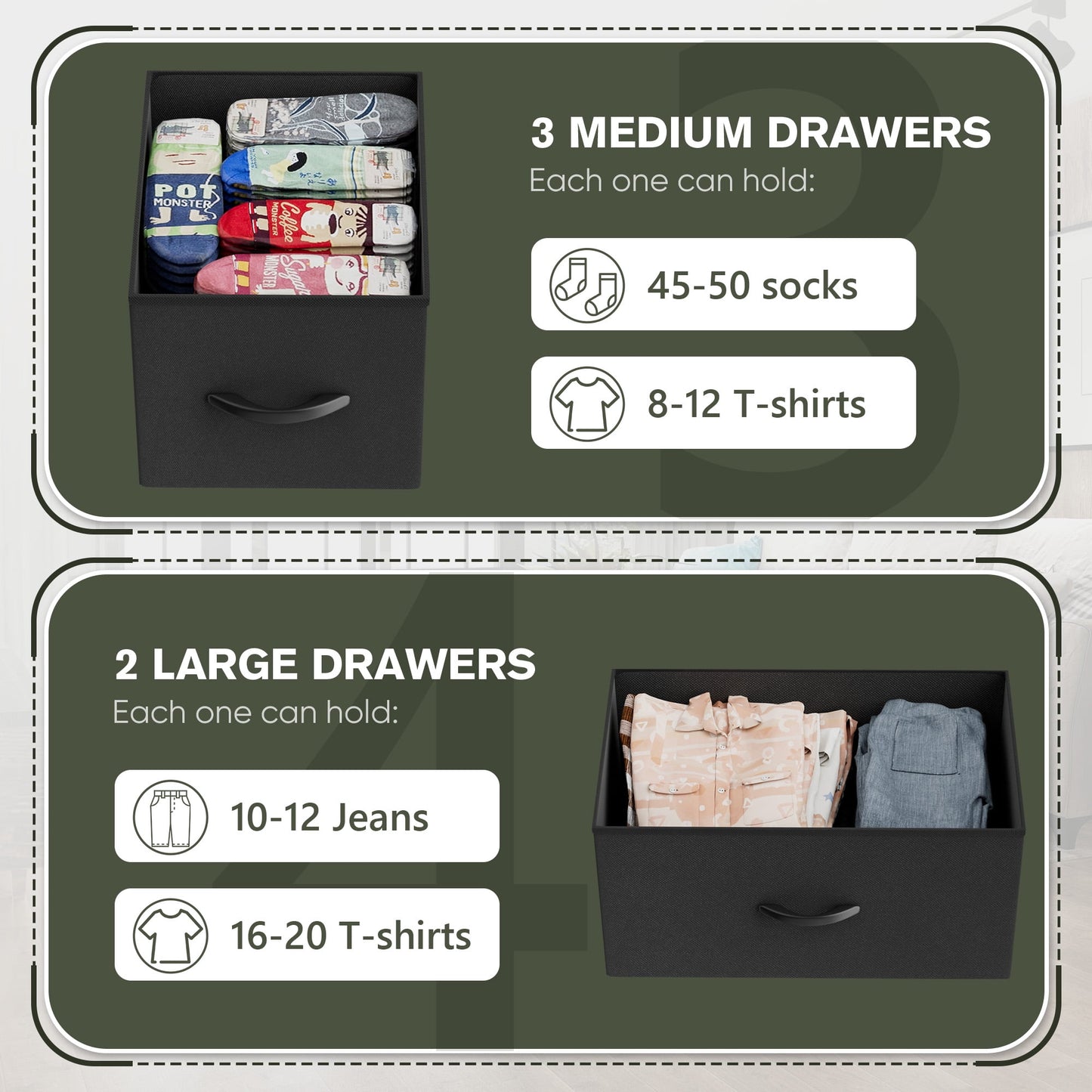 Furmax Fabric Dresser with 5 Drawers Bedroom Furniture Large Dresser Tall Chest of Drawers with Wood Top and Metal Frame for Living Room Closet