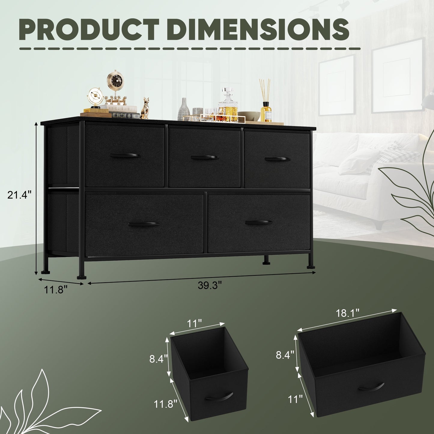 Furmax Fabric Dresser with 5 Drawers Bedroom Furniture Large Dresser Tall Chest of Drawers with Wood Top and Metal Frame for Living Room Closet