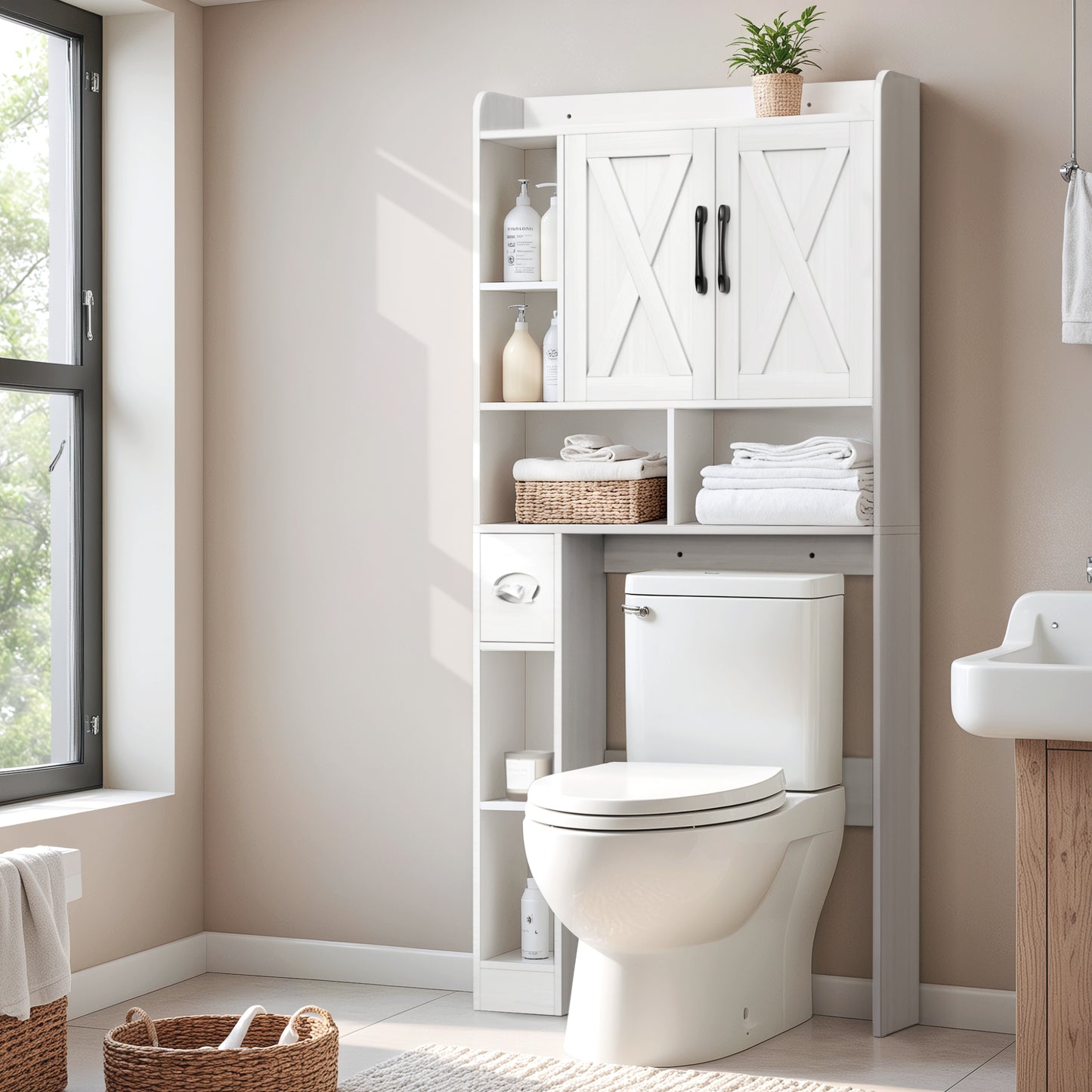 Furmax Farmhouse Style Over The Toilet Storage Cabinet with Barn Doors, Space Saver with Toilet Paper Holder for Bathroom and Restroom
