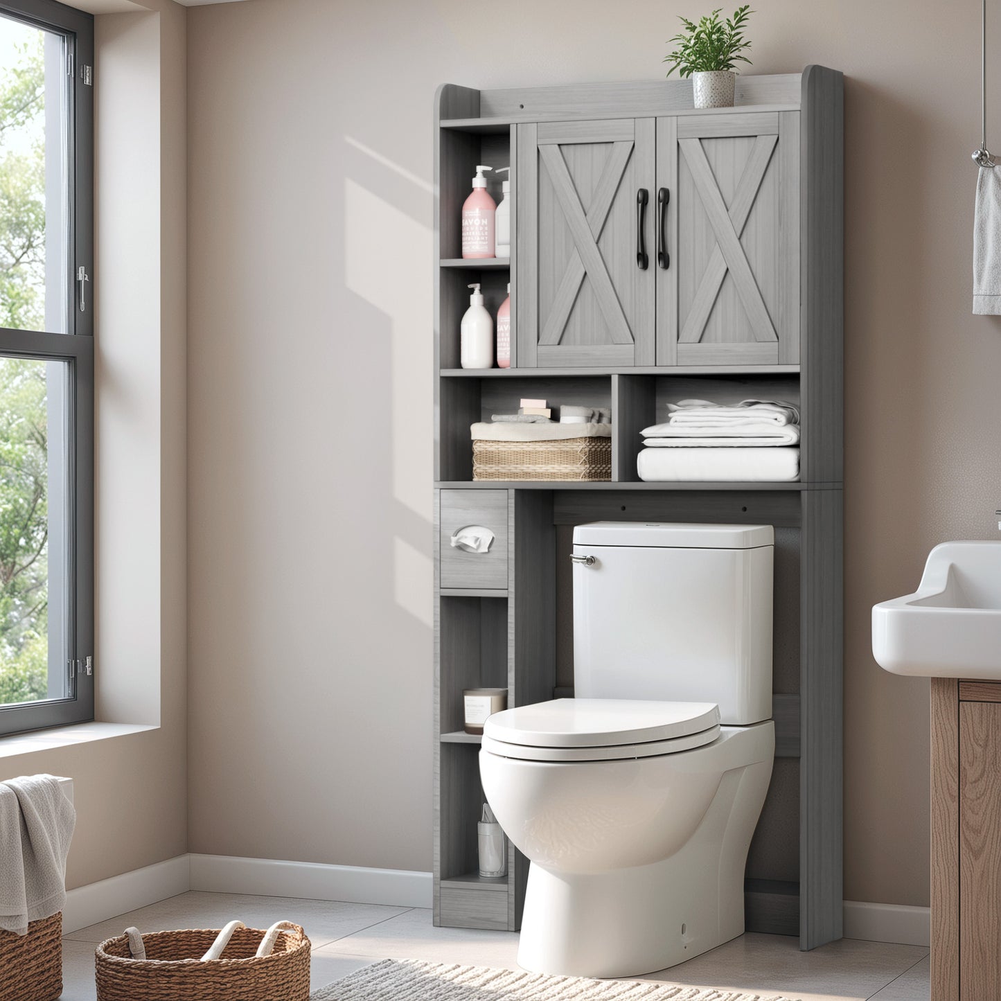 Furmax Farmhouse Style Over The Toilet Storage Cabinet with Barn Doors, Space Saver with Toilet Paper Holder for Bathroom and Restroom