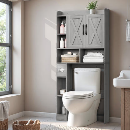 Furmax Farmhouse Style Over The Toilet Storage Cabinet with Barn Doors, Space Saver with Toilet Paper Holder for Bathroom and Restroom