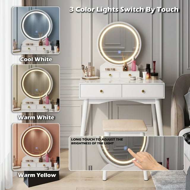 Furmax Vanity Table with Lighted Mirror, Vanity Desk with Stool, Dressing Table with 4 Drawers, Makeup Vanity Set