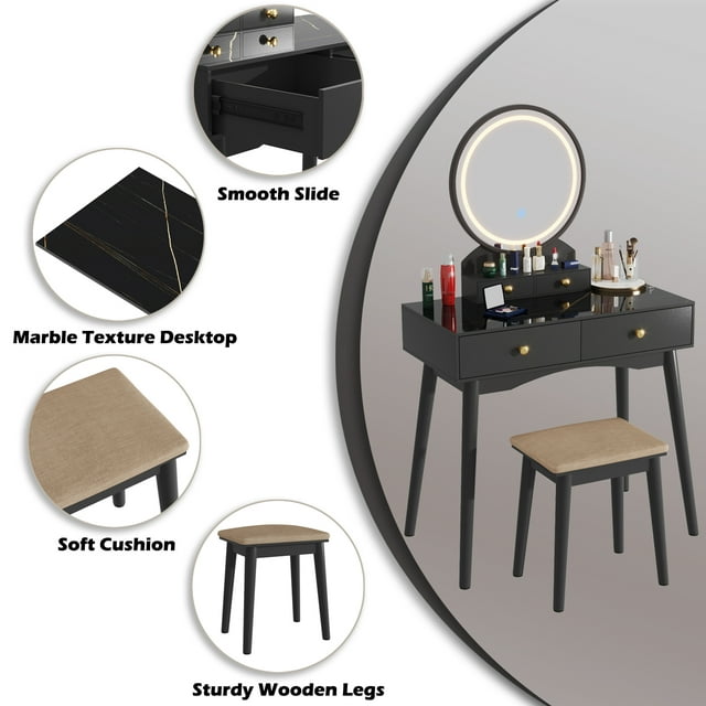 Furmax Vanity Table with Lighted Mirror, Vanity Desk with Stool, Dressing Table with 4 Drawers, Makeup Vanity Set
