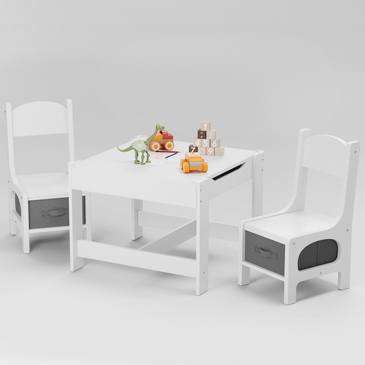 Furmax Children Table and Chair Set, 3 in 1 Wooden Activity Table and Chair Set with 2 in 1 Detachable Tabletop Table Storage Drawer for Home Nursery Playroom