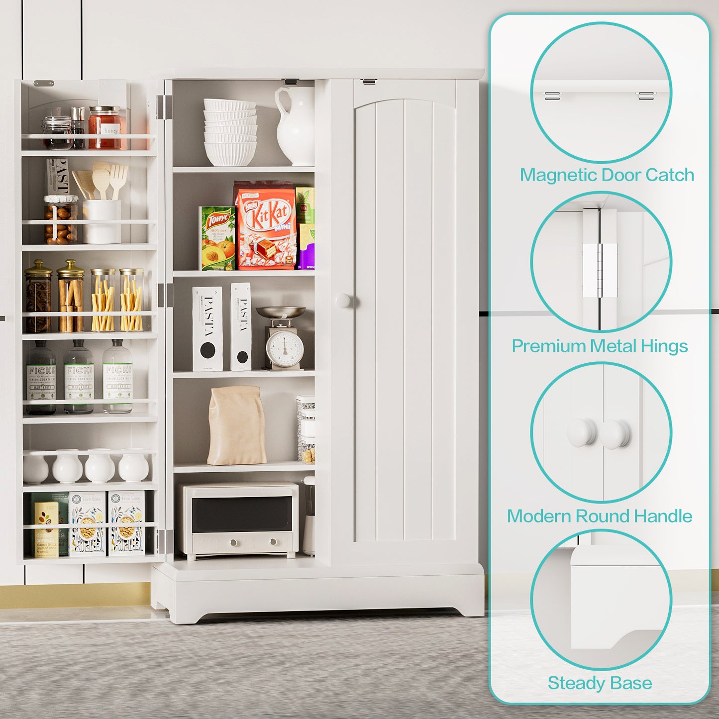 FURMAX Kitchen Pantry for Dining Room Living Room, Storage Cabinet with Doors and Adjustable Shelves 41" H x 23.6" W x 12" D ,White