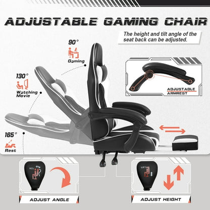 Furmax High Back Massage Gaming Chair with Footrest PU Leather Racing Computer Chair with Lumbar Support Ergonomic Office Chairs, White