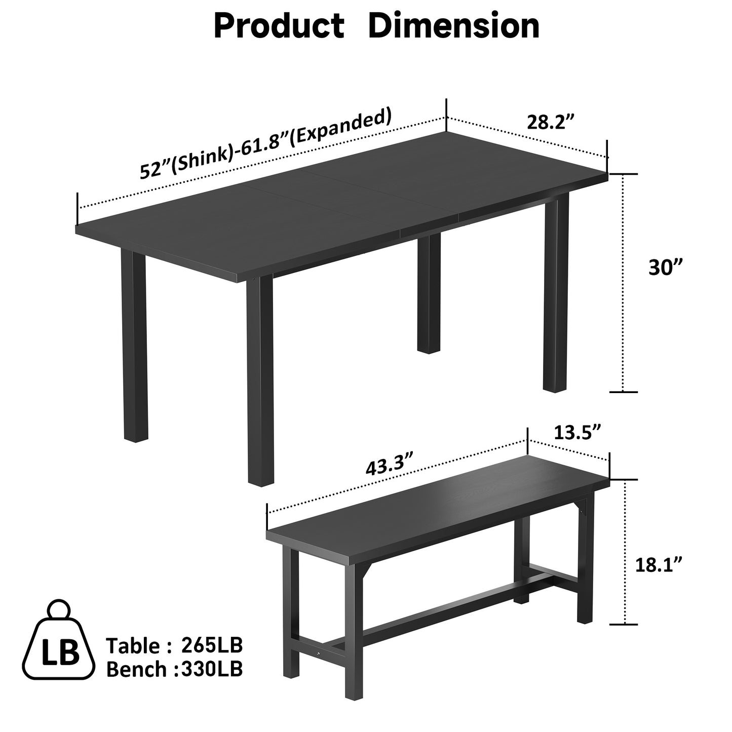Furmax Expandable Dining Table Set for 4 with 2 Benches High Quality Metal Frame & Wood Board Kitchen Living Room Small Space Modern Kitchen Table