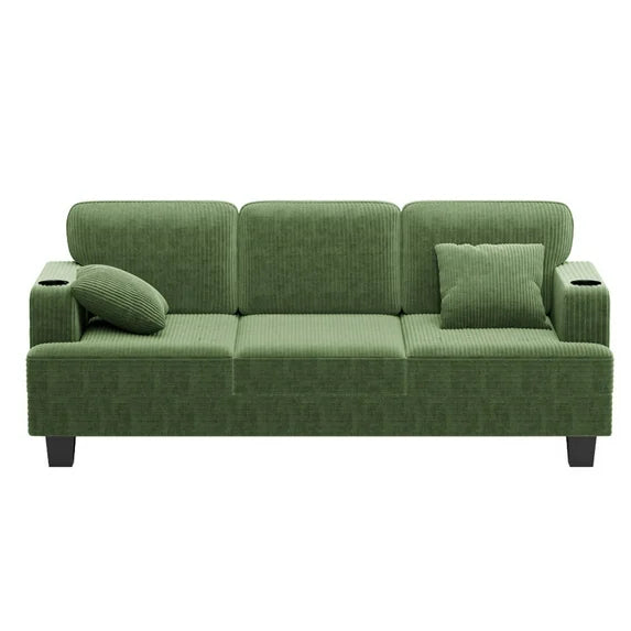 Furmax 84''W 3 Seat Sofa Couch Wide Armrest Modern Fabric Sofa with USB Charging Ports Corduroy Couch for Living Room,Green