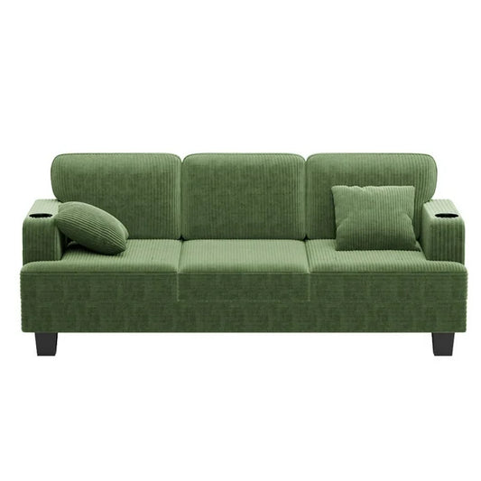 Furmax 84''W 3 Seat Sofa Couch Wide Armrest Modern Fabric Sofa with USB Charging Ports Corduroy Couch for Living Room,Green
