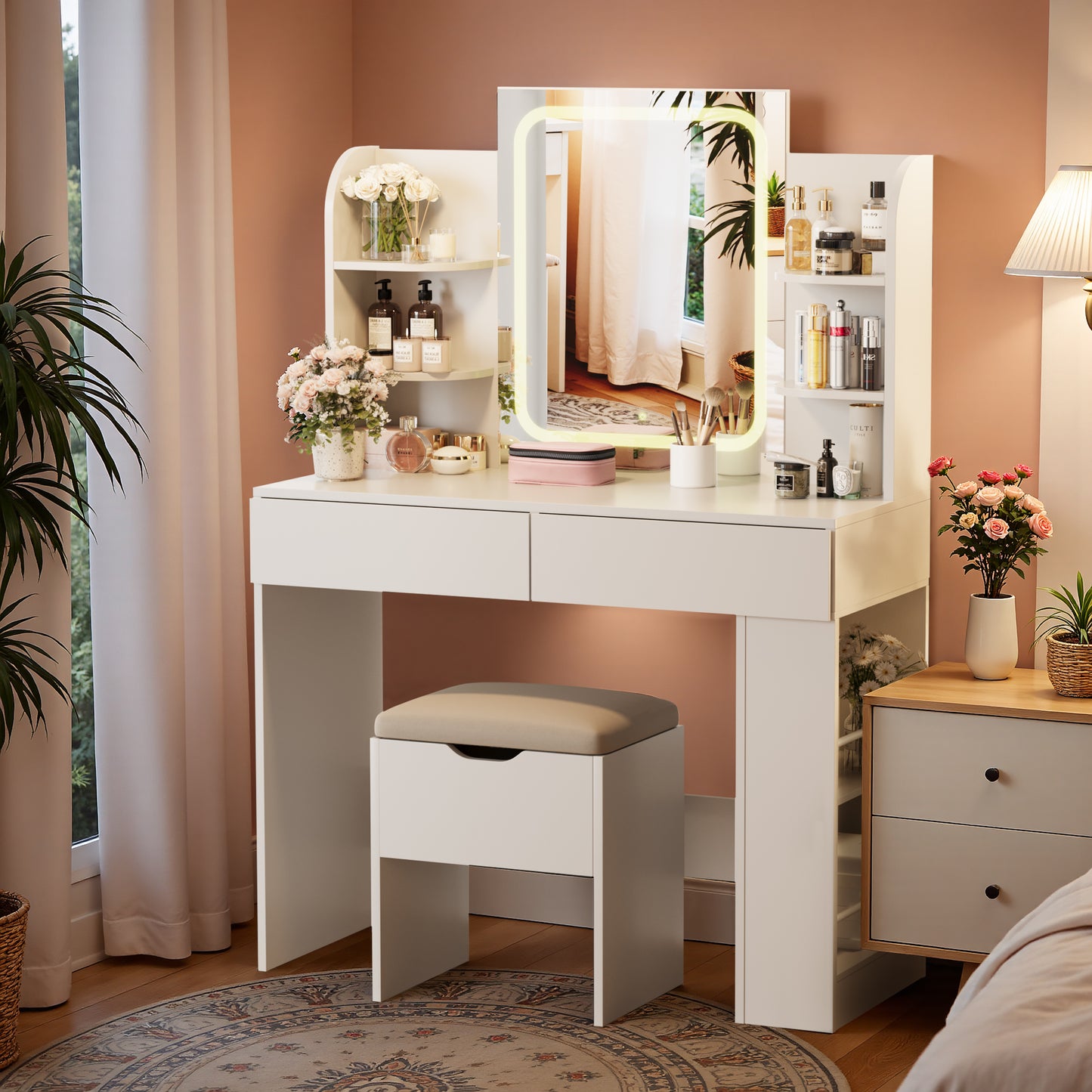 Furmax Makeup Vanity Desk and Bench Set with LED Lighted Mirror Vanity Table with Drawers, Shelves & Side Storage for Bedroom