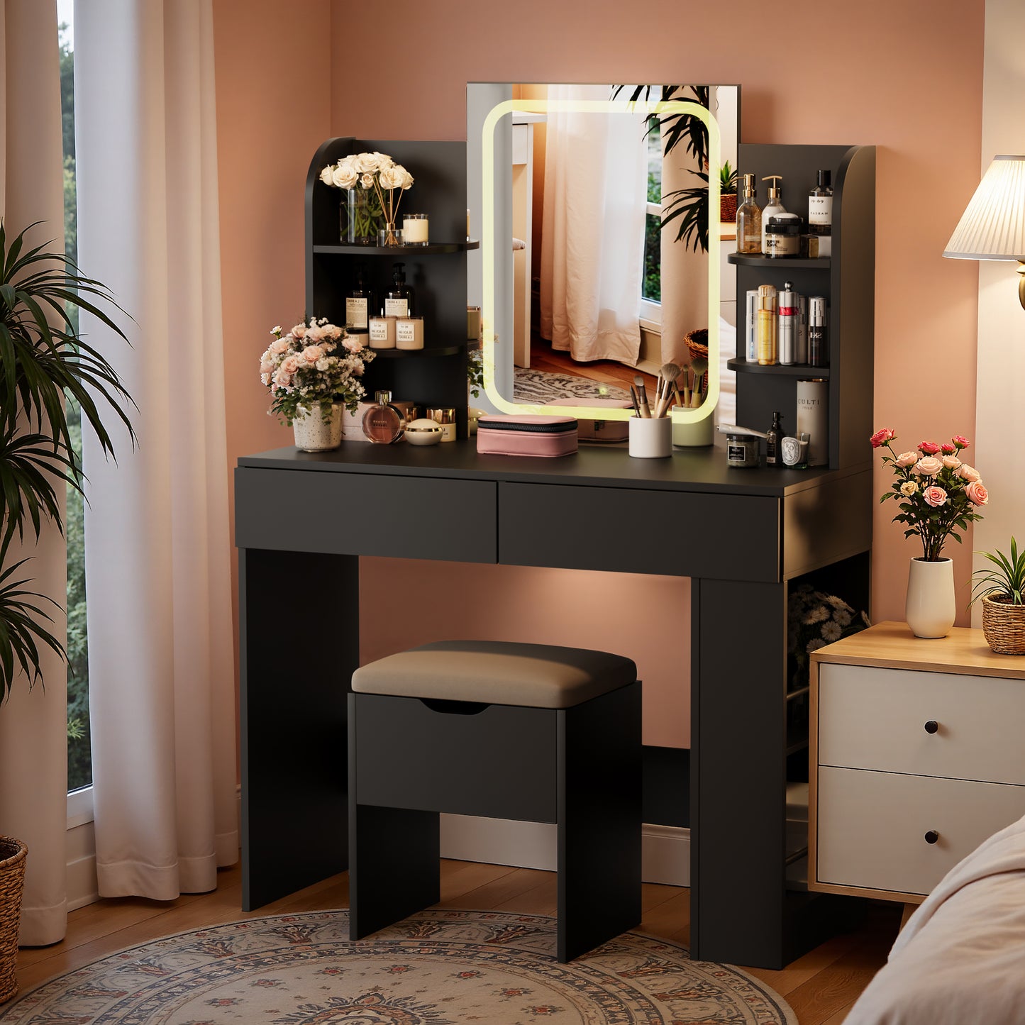 Furmax Makeup Vanity Desk and Bench Set with LED Lighted Mirror Vanity Table with Drawers, Shelves & Side Storage for Bedroom