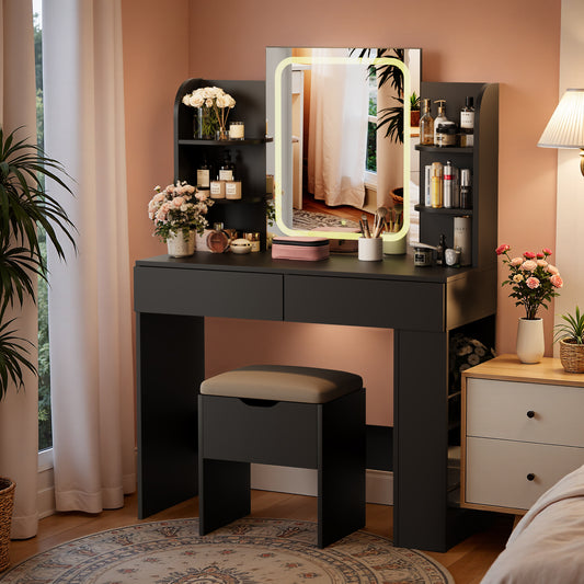 Furmax Makeup Vanity Desk and Bench Set with LED Lighted Mirror Vanity Table with Drawers, Shelves & Side Storage for Bedroom
