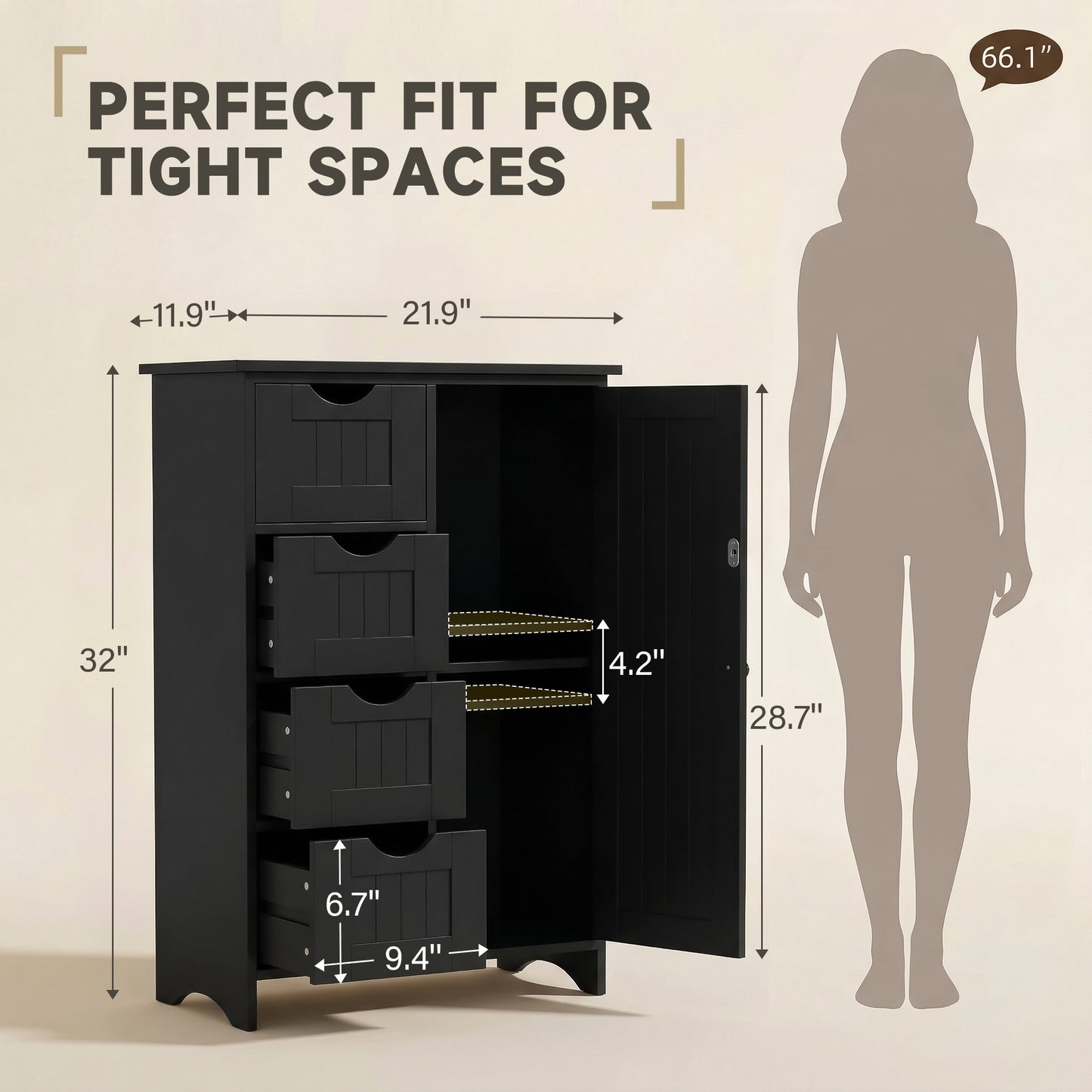 Furmax Wooden Bathroom Floor Cabinet with 4 Drawers, 1 Adjustable Shelf & 1 Cupboard，Side Storage Organizer Storage Cabinet for Bathroom, Entryway