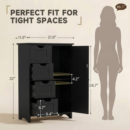 Furmax Wooden Bathroom Floor Cabinet with 4 Drawers, 1 Adjustable Shelf & 1 Cupboard，Side Storage Organizer Storage Cabinet for Bathroom, Entryway