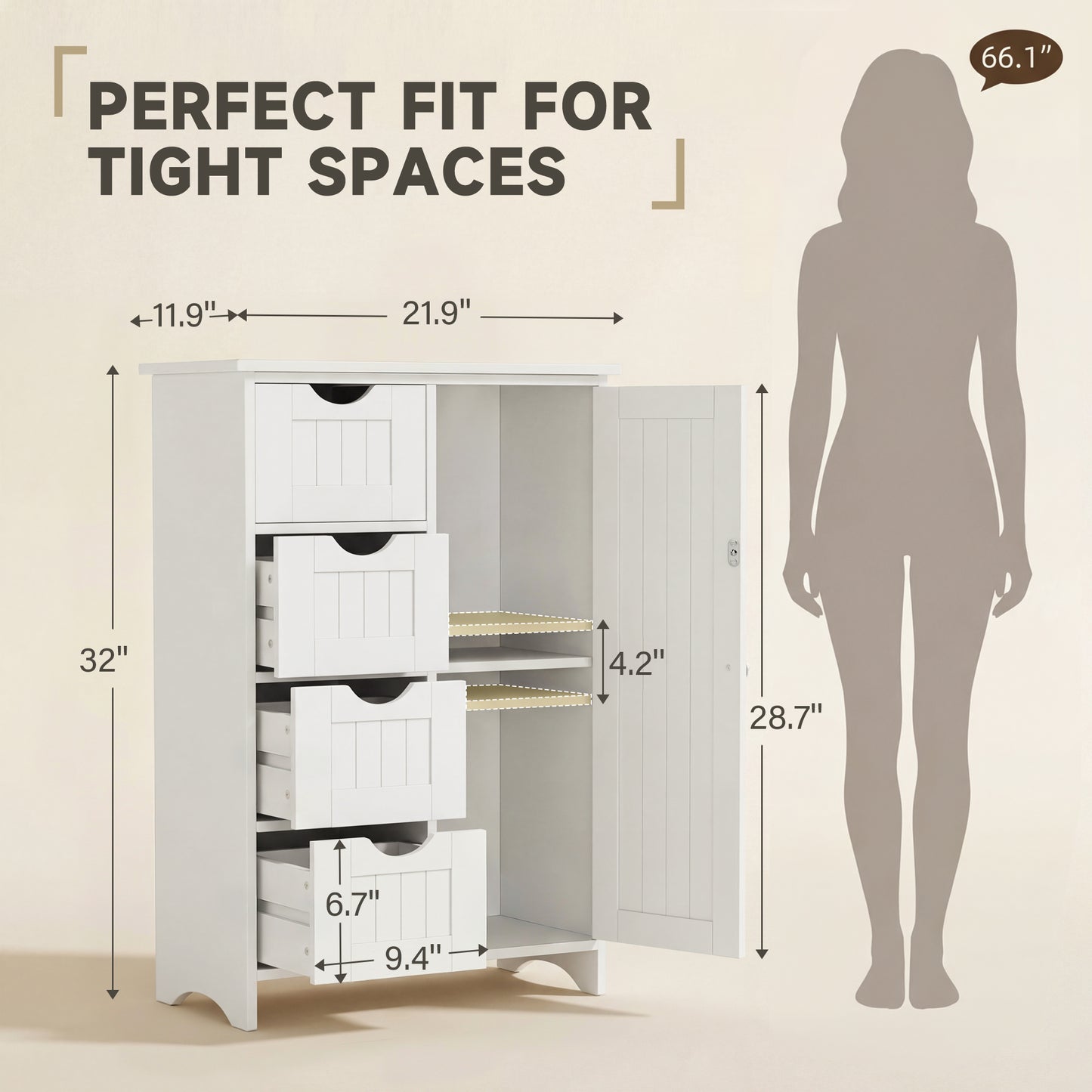 Furmax Wooden Bathroom Floor Cabinet with 4 Drawers, 1 Adjustable Shelf & 1 Cupboard，Side Storage Organizer Storage Cabinet for Bathroom, Entryway
