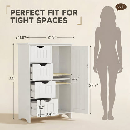 Furmax Wooden Bathroom Floor Cabinet with 4 Drawers, 1 Adjustable Shelf & 1 Cupboard，Side Storage Organizer Storage Cabinet for Bathroom, Entryway