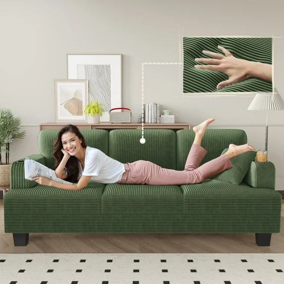 Furmax 84''W 3 Seat Sofa Couch Wide Armrest Modern Fabric Sofa with USB Charging Ports Corduroy Couch for Living Room,Green