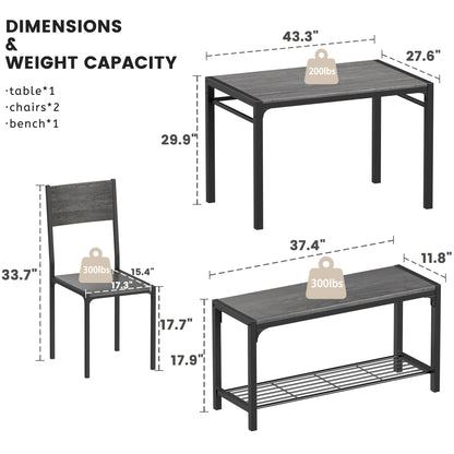 Furmax Modern Dining Table and Chair Set for 4 with Bench Indoor Outdoor Kitchen Living Room Furniture Garden Desk Set Wood Metal Waterproof Desk Chair Set
