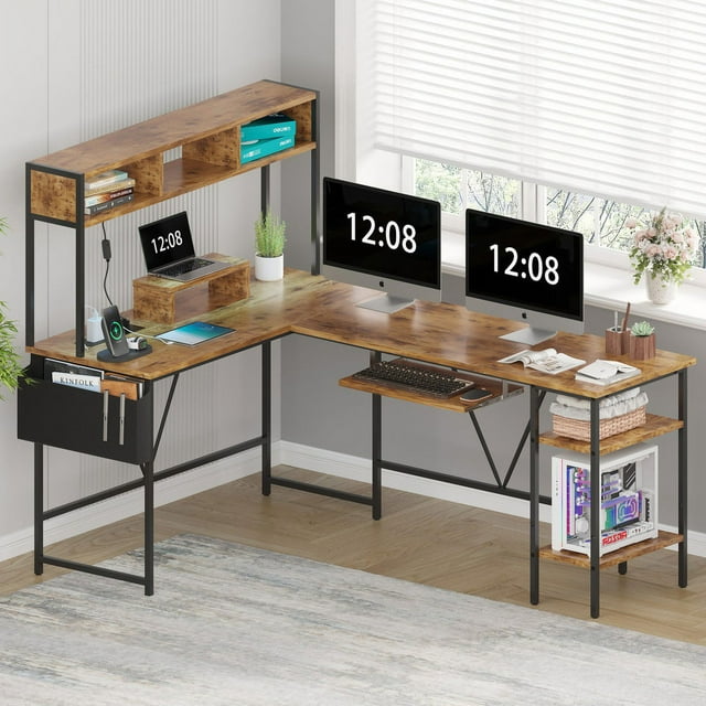 Furmax L-Shape Office Desk Gaming Table with LED Lights Storage Rack Built-in Socket Computer Stand Organizer Pocket Keyboard Drawer