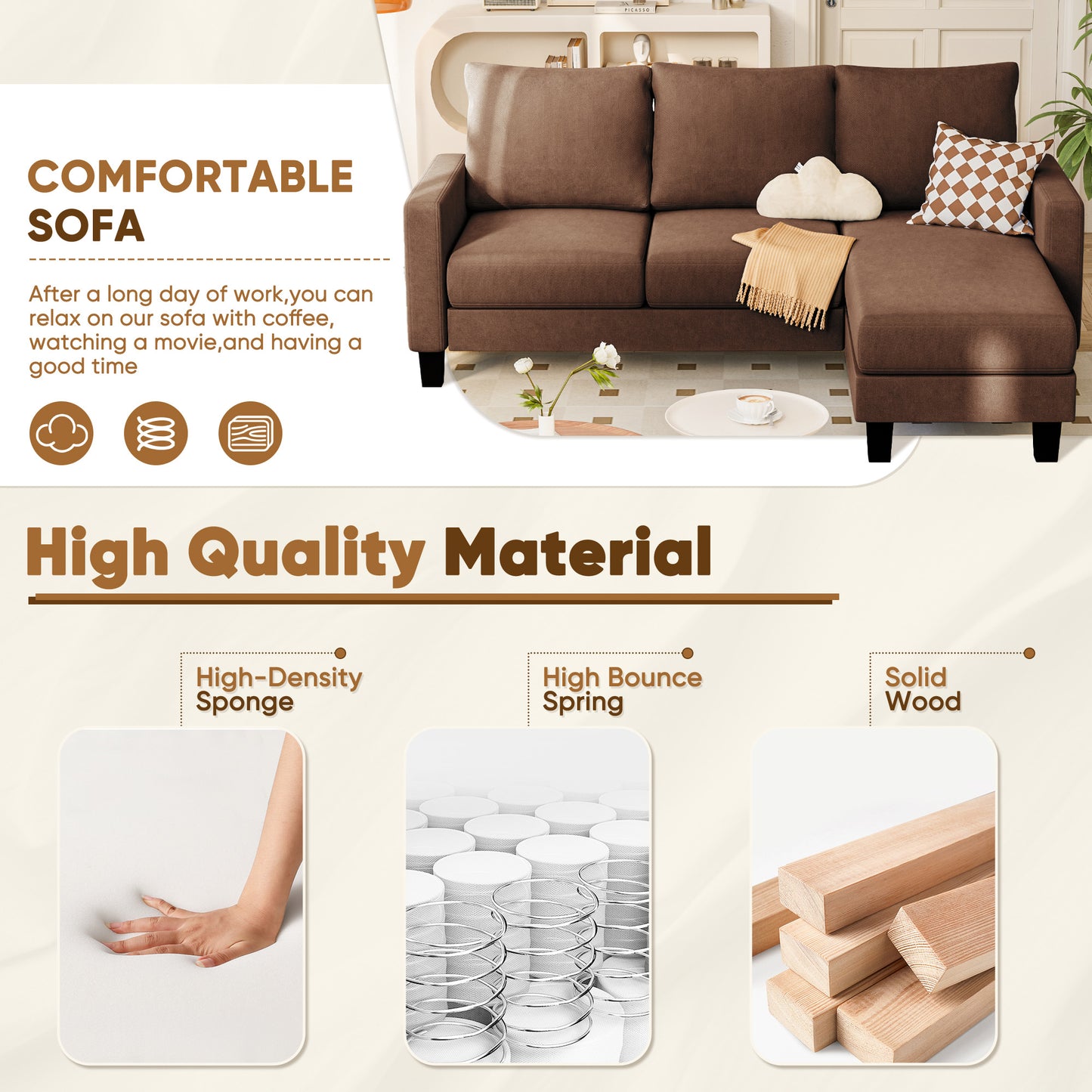 Furmax 70" Convertible Sectional Sofa Couch 3-Seat L-Shaped Small Sofa Couch with Reversible Chaise for Small Living Room, Apartment and Small Space