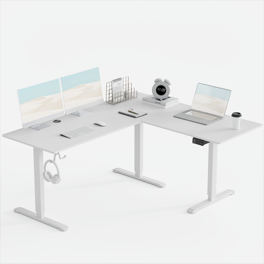 Furmax L-shaped Electric Sit-Stand Desk 63in Wide Electric Stand Up Height Adjustable Lifting Range 28~46in Computer Workstation Standing Desk Height Adjustable