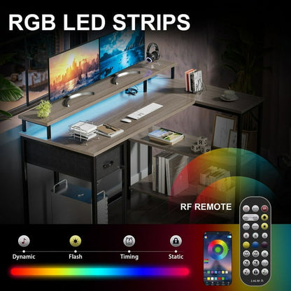 Furmax L-Shape Office Desk Gaming Table with LED Lights Built-in Socket Computer Stand Cloth Drawer 2 Types of Assembly