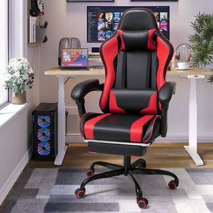 Furmax High Back Massage Gaming Chair with Footrest PU Leather Racing Computer Chair with Lumbar Support Ergonomic Office Chairs, White