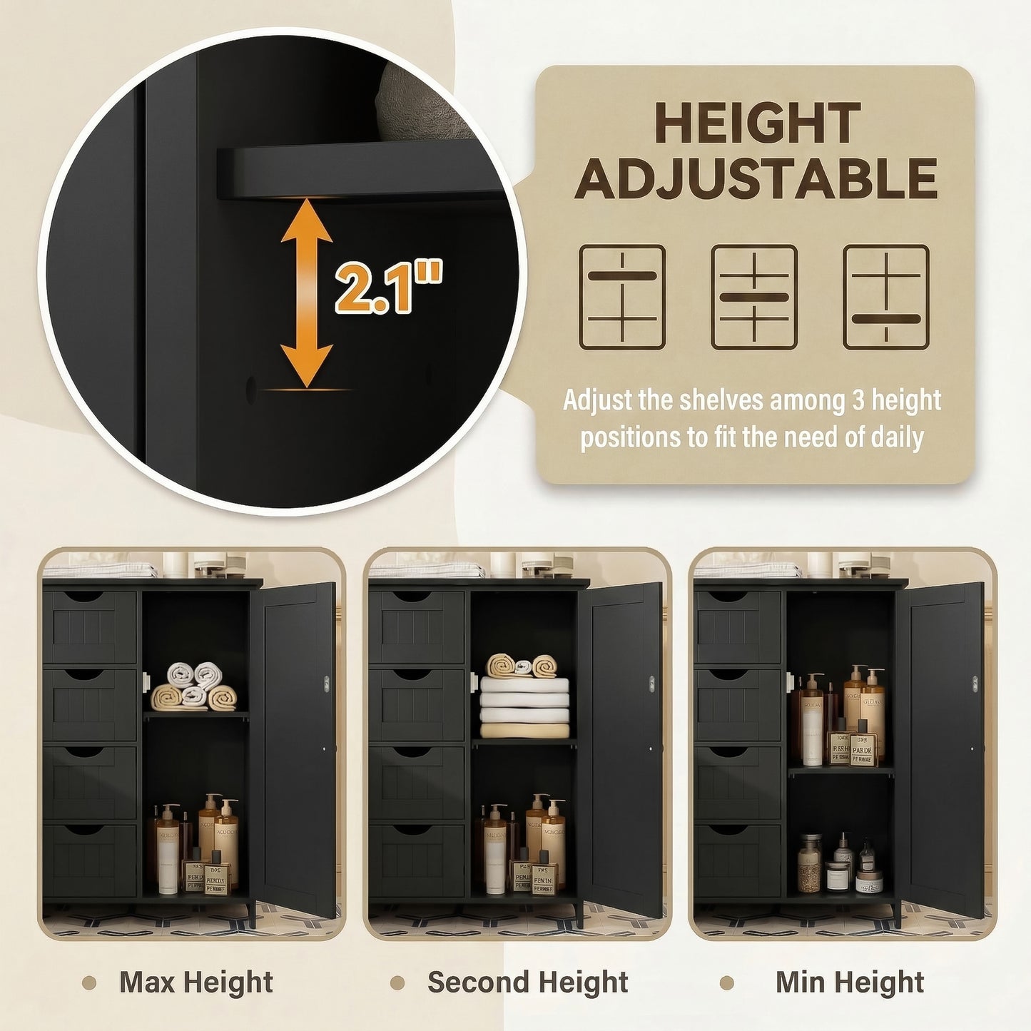 Furmax Wooden Bathroom Floor Cabinet with 4 Drawers, 1 Adjustable Shelf & 1 Cupboard，Side Storage Organizer Storage Cabinet for Bathroom, Entryway