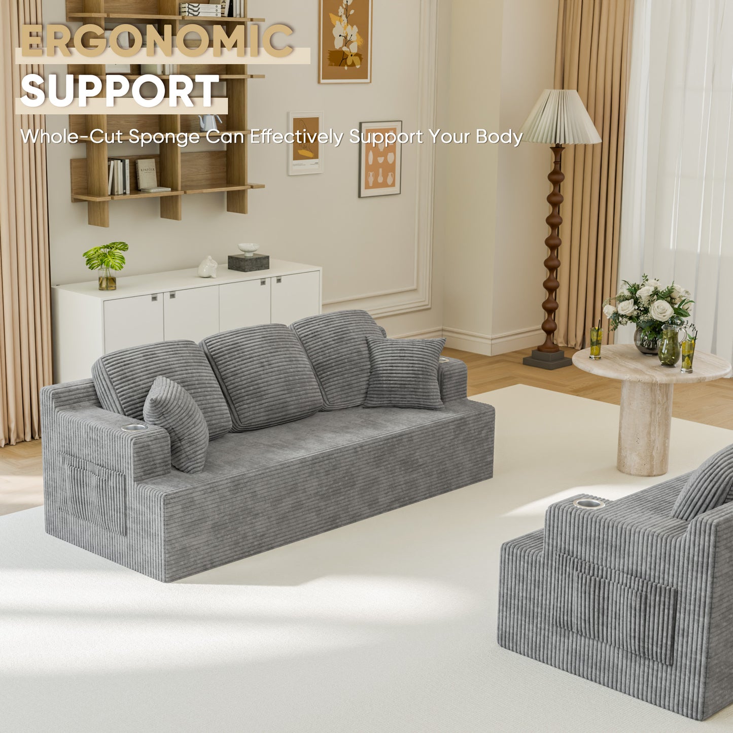 Furmax 86.61" Boneless Sofa with Side Pocket 3 Seats Cloud Loveseat Couch Soft Corduroy Sleeper Sofa Bed with Extra Deep Seats for Living Room