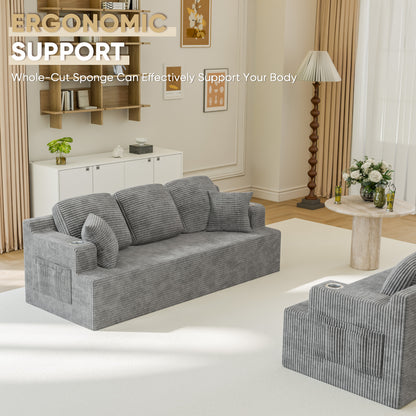 Furmax 86.61" Boneless Sofa with Side Pocket 3 Seats Cloud Loveseat Couch Soft Corduroy Sleeper Sofa Bed with Extra Deep Seats for Living Room