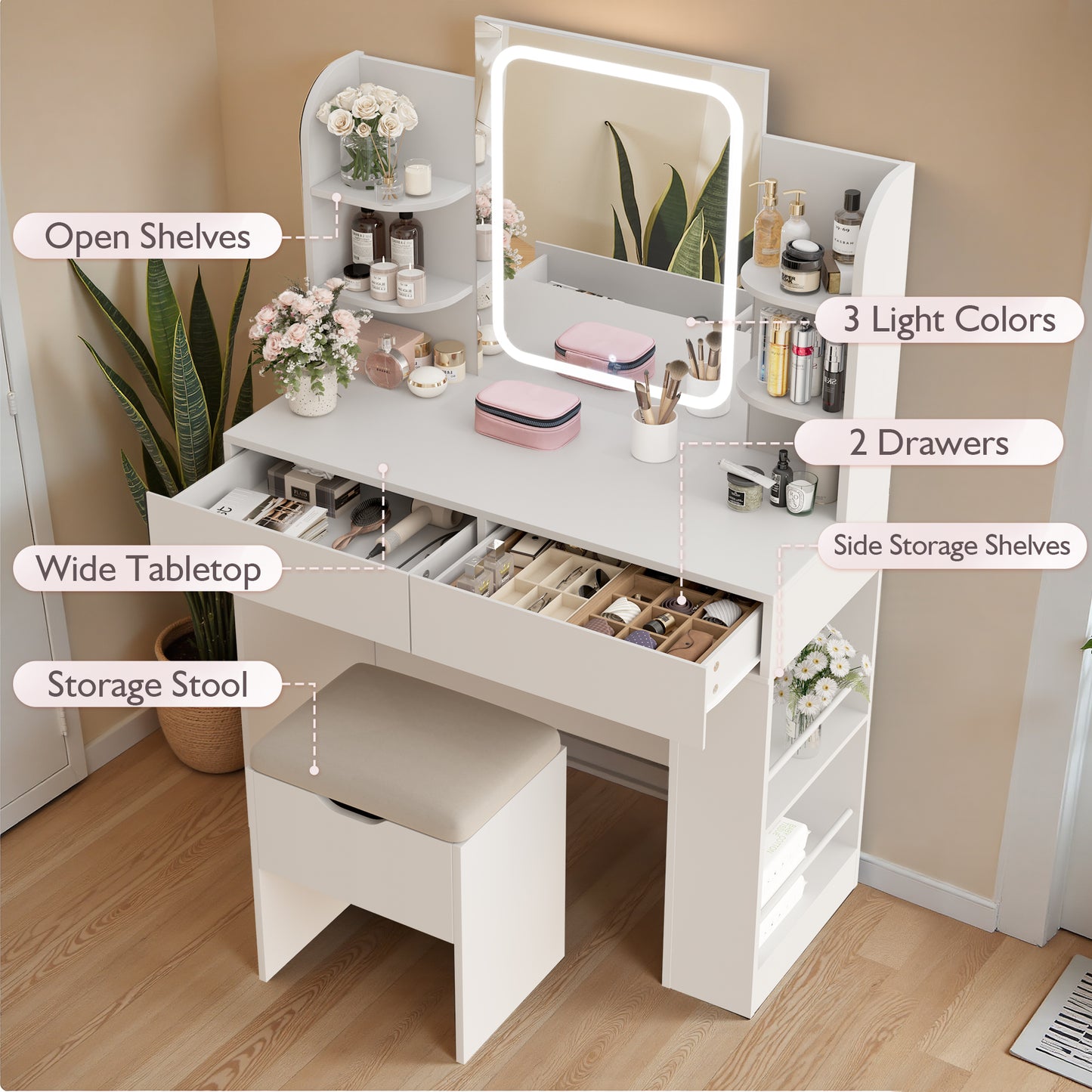 Furmax Makeup Vanity Desk and Bench Set with LED Lighted Mirror Vanity Table with Drawers, Shelves & Side Storage for Bedroom