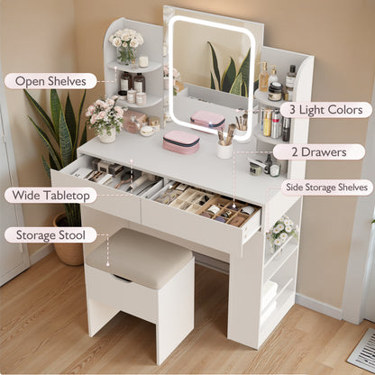 Furmax Makeup Vanity Desk and Bench Set with LED Lighted Mirror Vanity Table with Drawers, Shelves & Side Storage for Bedroom
