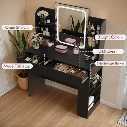 Furmax Makeup Vanity Desk and Bench Set with LED Lighted Mirror Vanity Table with Drawers, Shelves & Side Storage for Bedroom