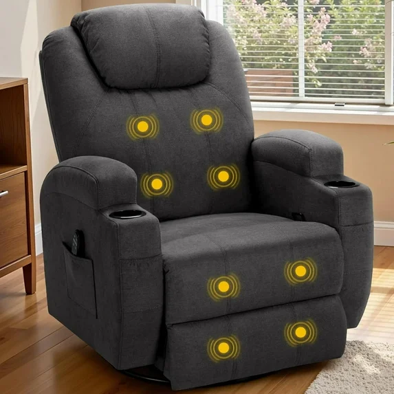 ‎Furmax Recliner Chair, 360° Swivel Rocker Chair for Adults, Rocking Recliner Chair with Massage, Single Sofa with Side Pockets Cup Holders for Living Room, Bedroom, Nursery (Fabric, Dark Gray)