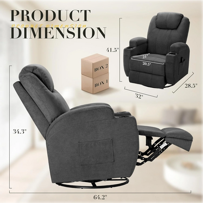 ‎Furmax Recliner Chair, 360° Swivel Rocker Chair for Adults, Rocking Recliner Chair with Massage, Single Sofa with Side Pockets Cup Holders for Living Room, Bedroom, Nursery (Fabric, Dark Gray)