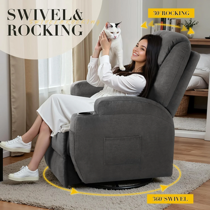 ‎Furmax Recliner Chair, 360° Swivel Rocker Chair for Adults, Rocking Recliner Chair with Massage, Single Sofa with Side Pockets Cup Holders for Living Room, Bedroom, Nursery (Fabric, Dark Gray)
