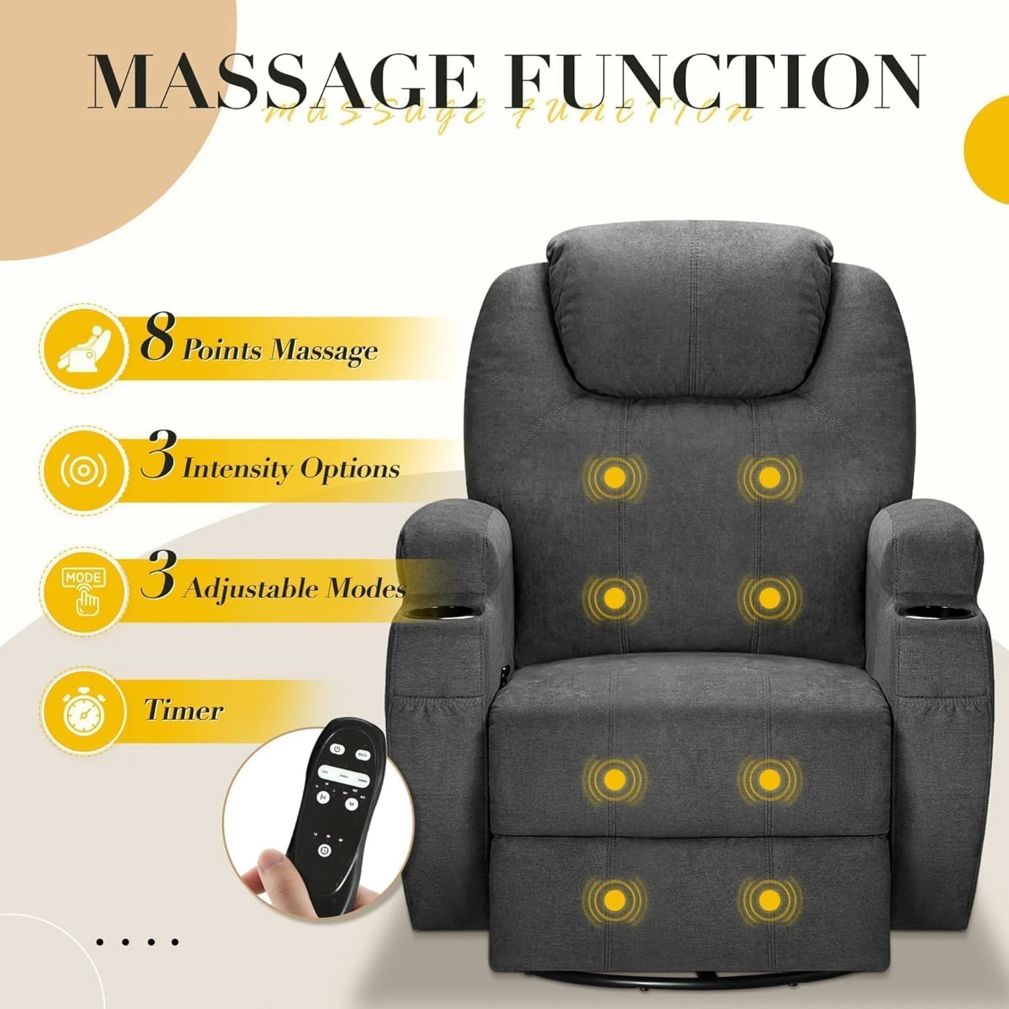 ‎Furmax Recliner Chair, 360° Swivel Rocker Chair for Adults, Rocking Recliner Chair with Massage, Single Sofa with Side Pockets Cup Holders for Living Room, Bedroom, Nursery (Fabric, Dark Gray)