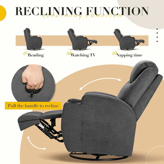 ‎Furmax Recliner Chair, 360° Swivel Rocker Chair for Adults, Rocking Recliner Chair with Massage, Single Sofa with Side Pockets Cup Holders for Living Room, Bedroom, Nursery (Fabric, Dark Gray)