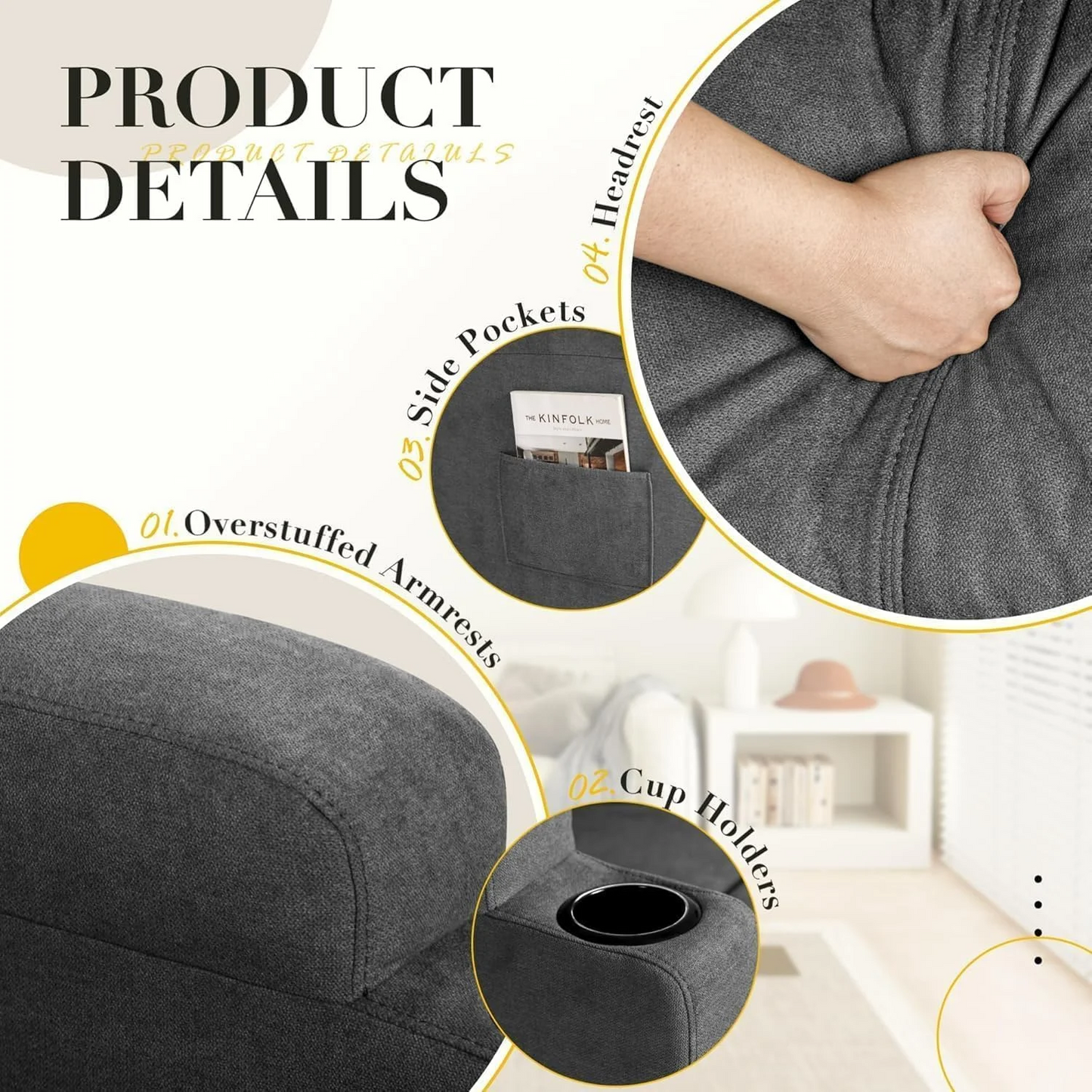 ‎Furmax Recliner Chair, 360° Swivel Rocker Chair for Adults, Rocking Recliner Chair with Massage, Single Sofa with Side Pockets Cup Holders for Living Room, Bedroom, Nursery (Fabric, Dark Gray)