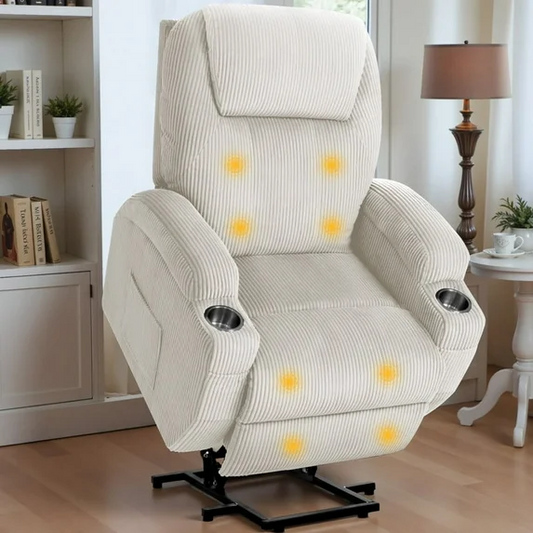 Furmax Electric Power Lift Recliner Soft Corduroy Chair Sofa with with 8 Vibrating Massages Ergonomic Lounge Chair with 2 Cup Holders and Side Pocket,Beige